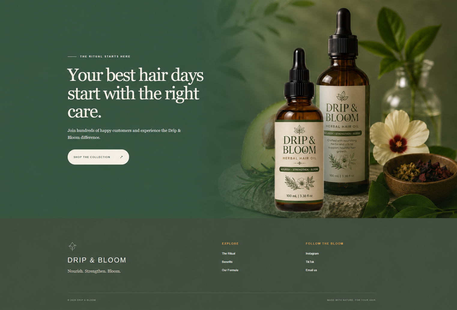 Drip and Bloom herbal hair oils in a botanical setting