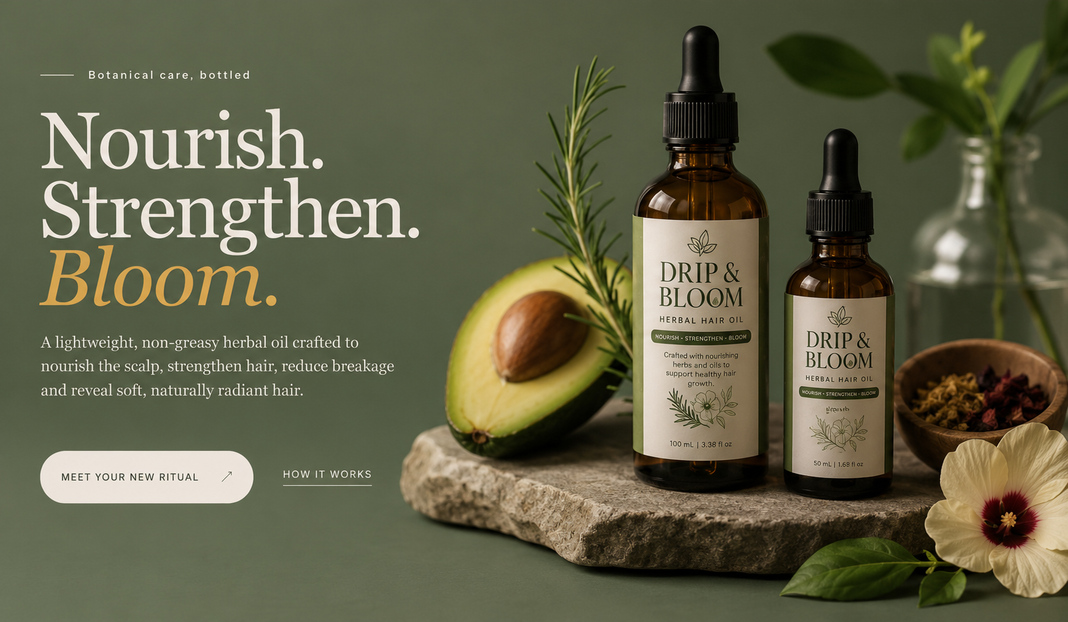 Drip & Bloom herbal hair oil with avocado, rosemary, hibiscus and botanical ingredients